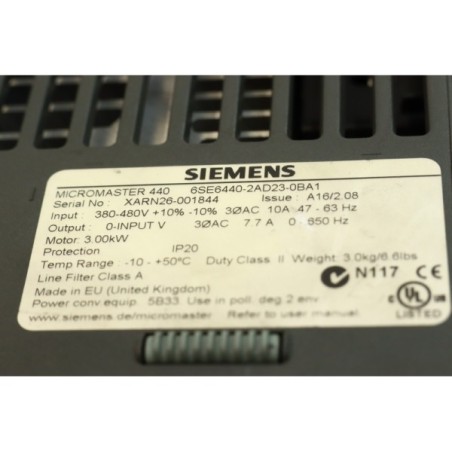 Siemens 6SE6440-2AD23-0BA1 Variateur Micromaster 440 3kW READ DESC (P136.12)