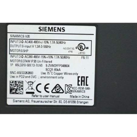 Siemens 6SL3210-5BE13-7UV0 Sinamics V20 variateur 0.5HP (B16)