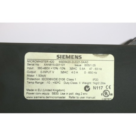Siemens 6SE6420-2UD21-5AA0 Variateur 1.5kW Micromaster 420 (B779)