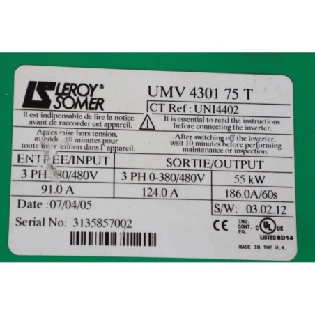 Leroy Somer UNI4402 UMV 4301 75 T variateur 55kW READ DESC (P105.1)