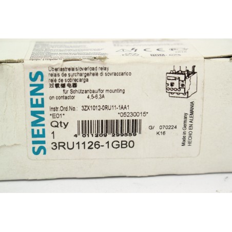 SIEMENS 3RU11261GB0 3RU1126-1GB0 Relais de surcharge 4.5-6.3A (B15)