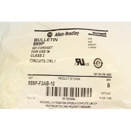 ALLEN-BRADLEY 10963 889P-F3AB-10 B Cable Droit 3 pin 10m M8 (B730)