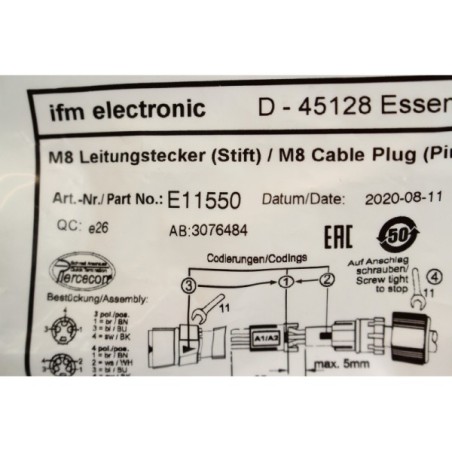 10Pcs Ifm E11550 Connecteur M8 3 pins (B1070)