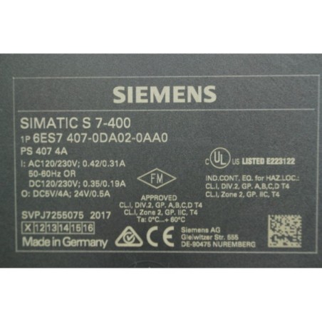 Siemens 6ES74070DA020AA0 6ES7 407-0DA02-0AA0 2 Simatic S7-400 PSU (B1199)