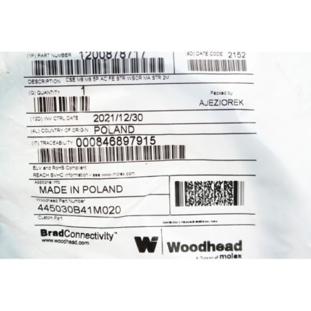 Woodhead 445030B41M020 Cable CSE M8 vers M8 droit 2m (B64)