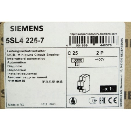 Siemens 5SL4225-7 5SL4 225-7 Disjoncteur 2P C25 25A (B72)