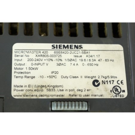 Siemens 6SE64202UC222BA1 6SE6420-2UC22-2BA1 Micromaster 420 READ DESC (P128.31)