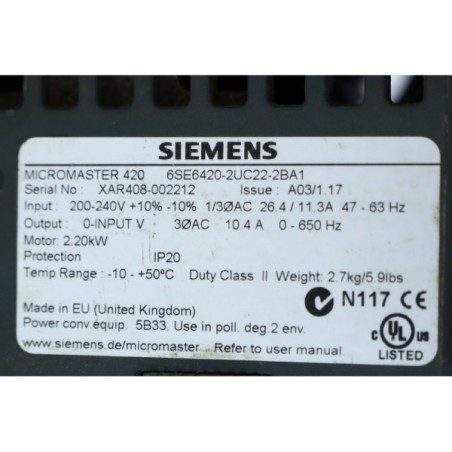 Siemens 6SE64202UC222BA1 6SE6420-2UC22-2BA1 Micromaster 420 READ DESC (P128.30)