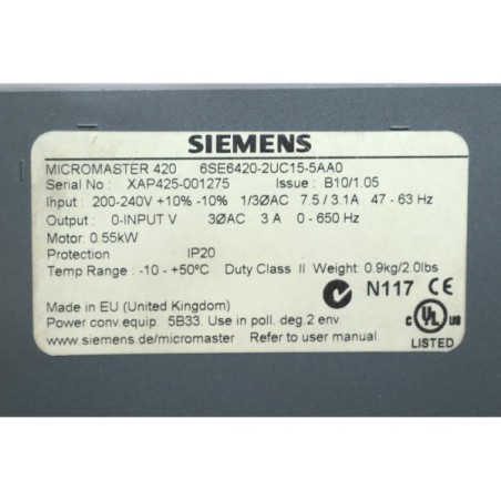 Siemens 6SE64202UC155AA0 6SE6420-2UC15-5AA0 Micromaster 420 READ DESC (B359.1)